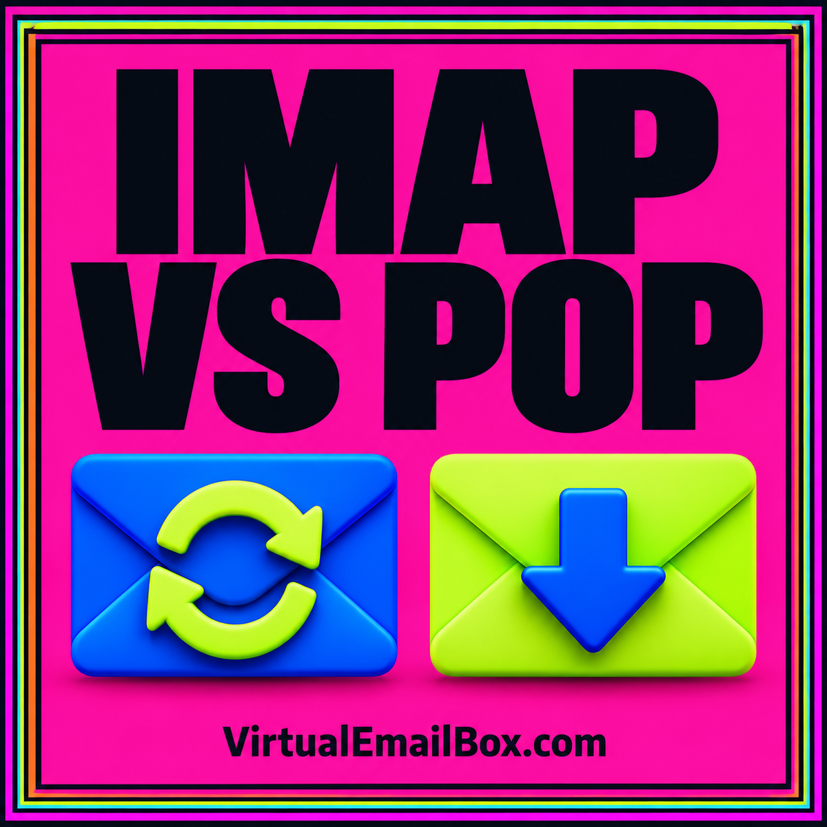 IMAP vs POP: sync arrows and a download arrow on contrasting neon envelopes
