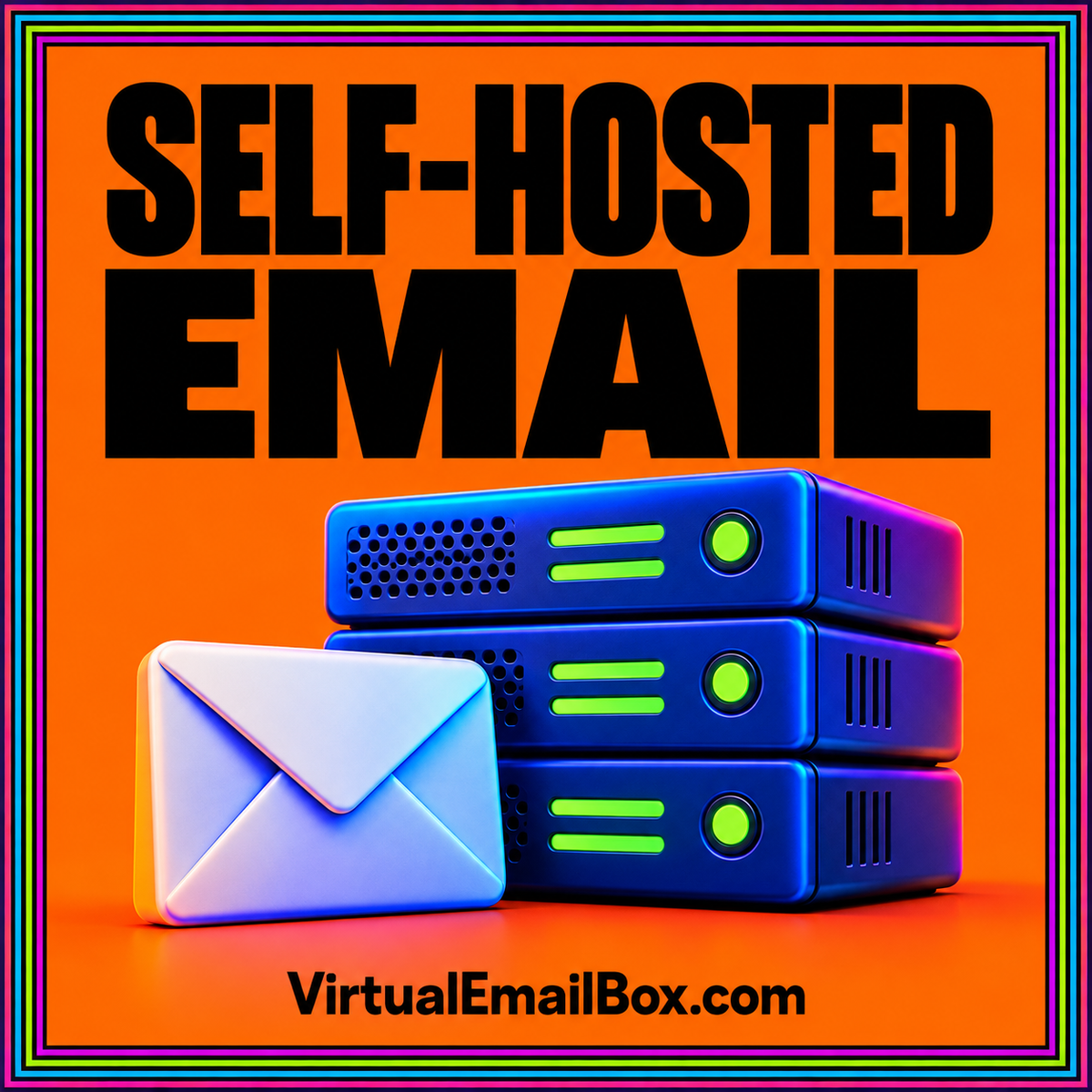 Self-hosted email: a blue server stack with a white envelope on bright orange